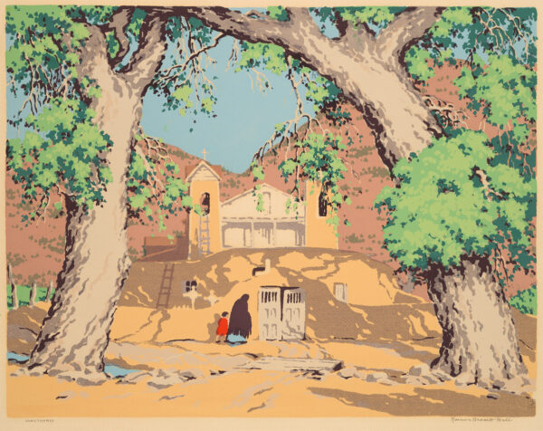 A woman wearing a black shawl and small child in red walk toward the doors of an adobe wall. The church is behind the wall and two large cottonwood trees are in front, on each side.