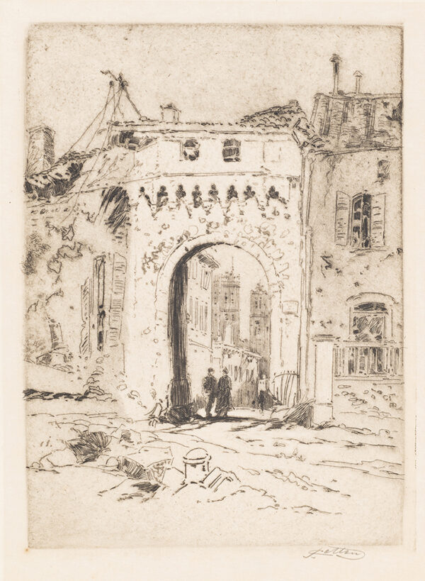 WWI, Two figures stand in the shadow of a stone gate arch