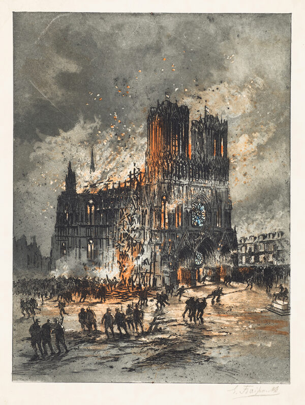 WWI, A crowd of people gather to watch the burning cathedral.