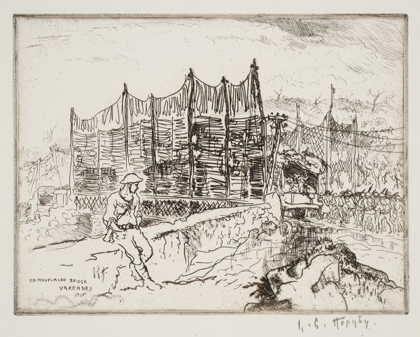 WWI, A lone soldier sits on a stone wall looking at foot soldiers and a truck cross a camouflaged bridge.
