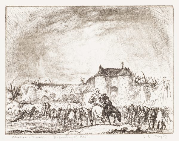 WWI, Soldiers and horsemen gather around a pond in front of a chateau.