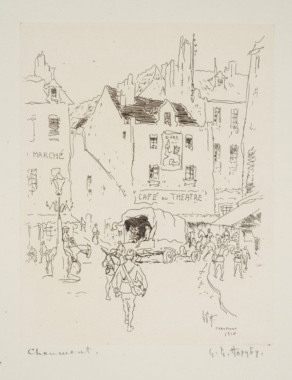 WWI: City street with covered wagon, people walking about, and men on horse. Cafй, theater, and market.