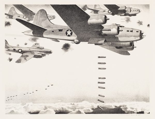 WWI, A squadron of U.S. aircraft is dropping bombs.