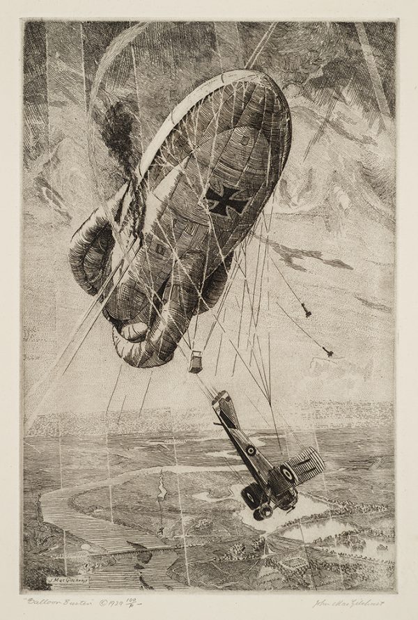 WWI, An airplane flys past the dirigible it has just shot down.