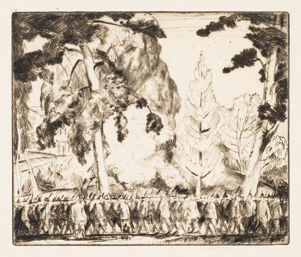 WWI, Rows of marching soldiers are in a landscape of tall trees.