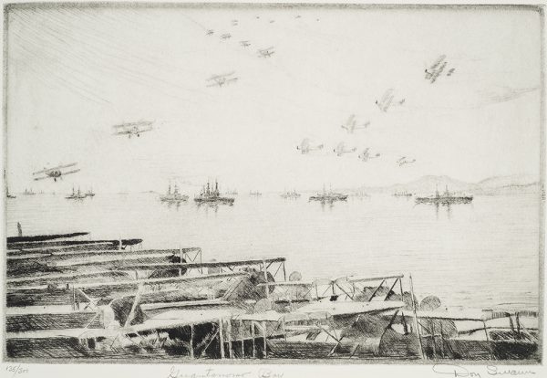WWI, Supplies for the war include lines of grounded aircraft, ships at sea, and a sky full of airplanes.