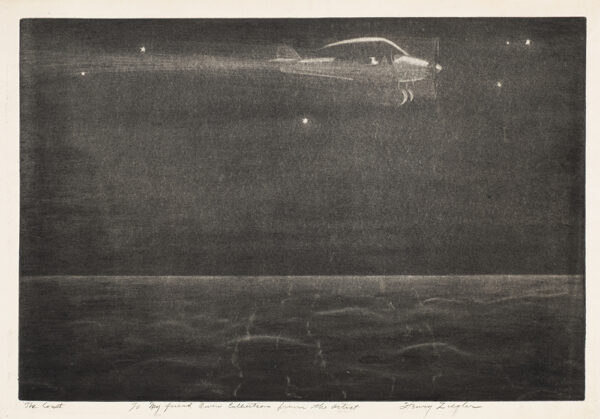 WWI, This is a print of Lindberg's flight, see Owen Culbertson interview of Ziegler, 1927 A lone aircraft streaking across a star-filled sky.