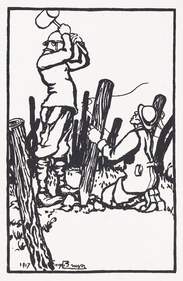 WWI  title translates to WWI installation, Two men work on a wood post and barbed wire fence. One man kneels and the other holds a mallet over his head.
