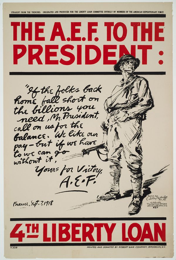 WWI, A soldier stands beside an image of a letter to the president.
