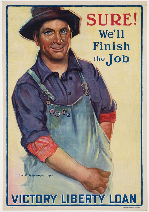 WWI, A man is dressed in a purple shirt and blue overalls, with the words