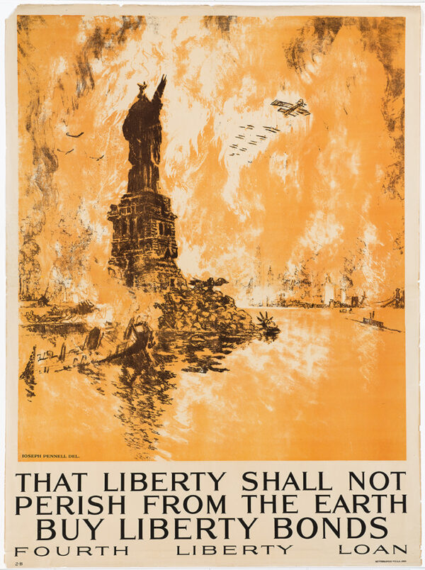WWI, The Statute of Liberty on Ellis Island in a flaming orange background.