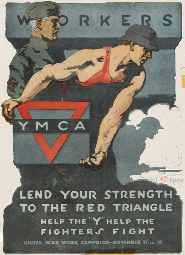 WWI, Two men and a third in shilloutte promote the YMCA logo.
