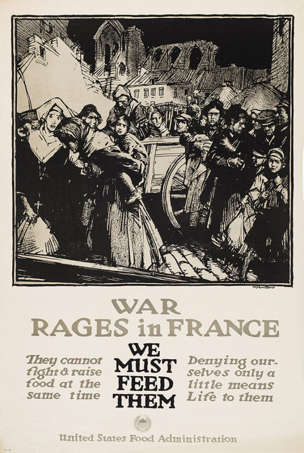 WWI, A crowd of displaced people, including a nun at the left, walk with a wood cart.