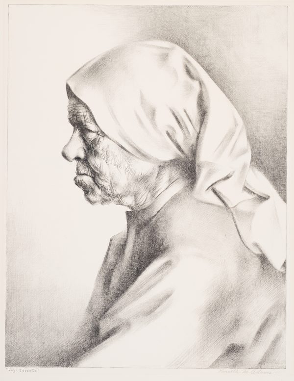 An elderly woman in profile, wearing a scarf