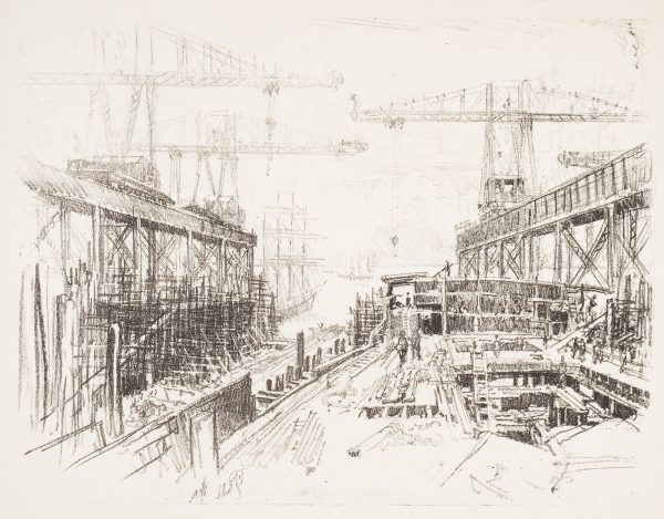 WWI, A Ship-building yard with cranes.