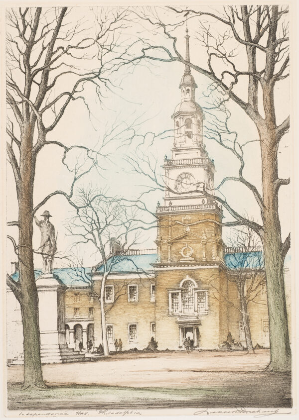 Indepencent Hall, Philadelphia is framed by trees.