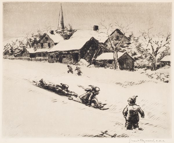 Children sledding and playing in the snow, houses and urban buildings are in the distance.