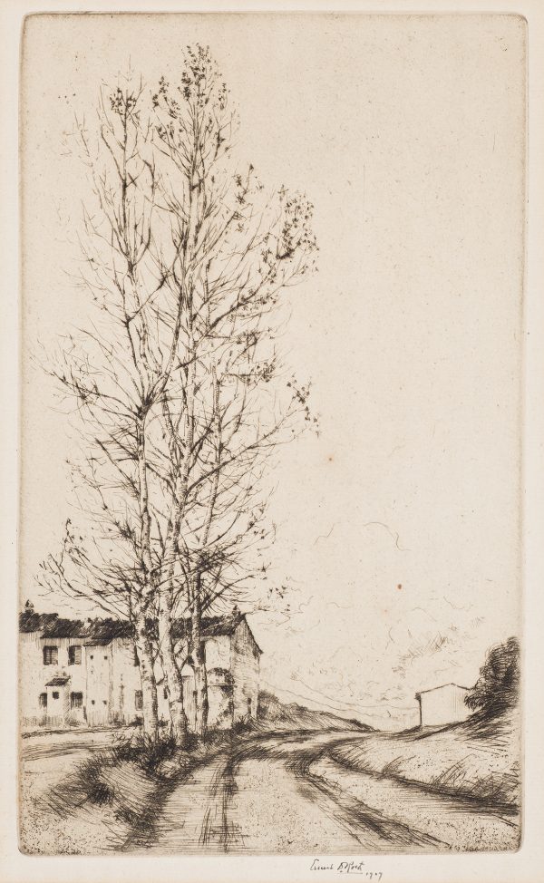 A rutted road leads past a group of poplars filling the print image at left. Buildings are behind.