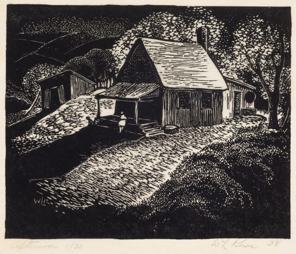 A figure sits on the porch of a faintly lit house.