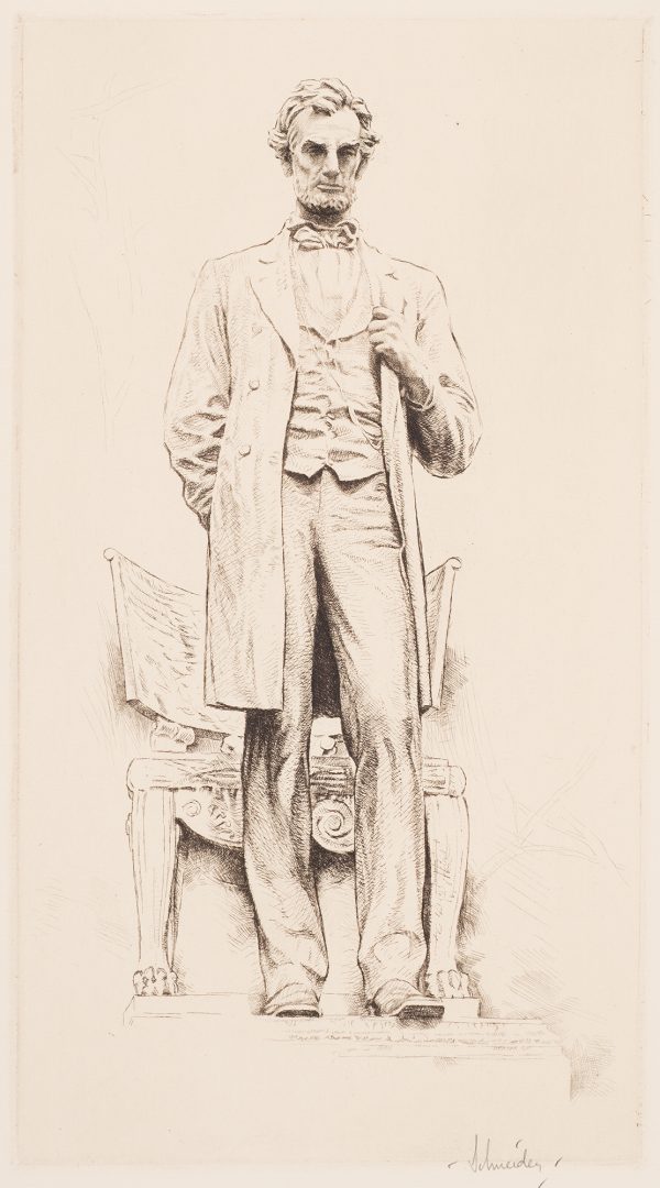 A print depicting the sculpture of Abraham Lincoln by Augustus Saint-Gaudens.
