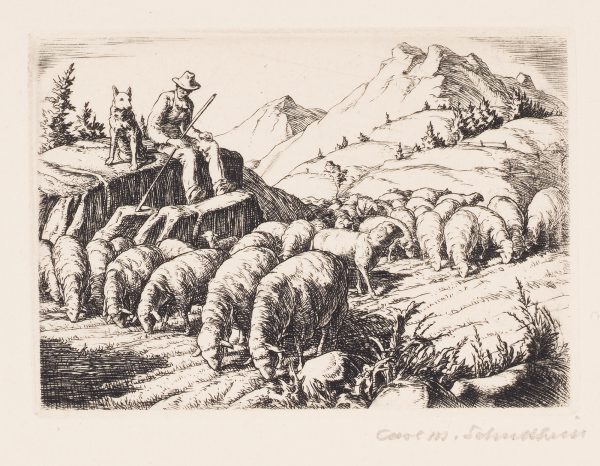 A shepherd and his dog are seated on a rock watching their sheep. Rolling hills and mountains are in the distance.
