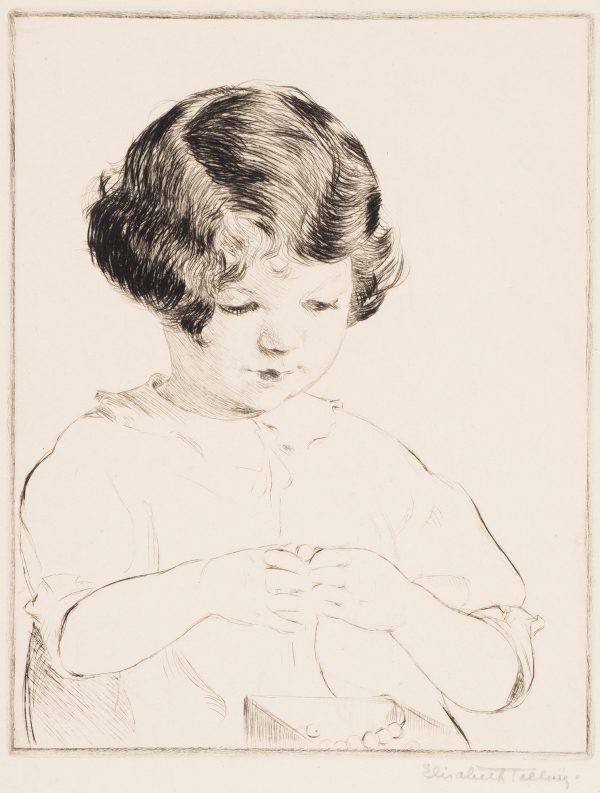 A young girl with a short bob looks down at her hands