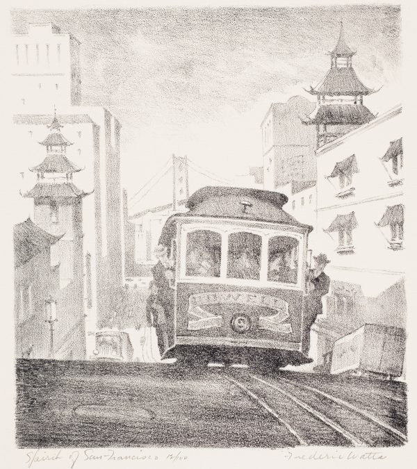 Two men wearing hats hang on each side of a trolley. There is a large bridge in the distance and Chinatown style building on each side of the street.