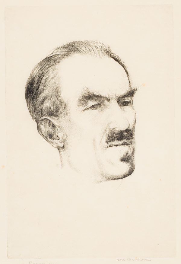 A portrait of Roi Partiridge looking to the right. He has a mustache and bushy eyebrows.