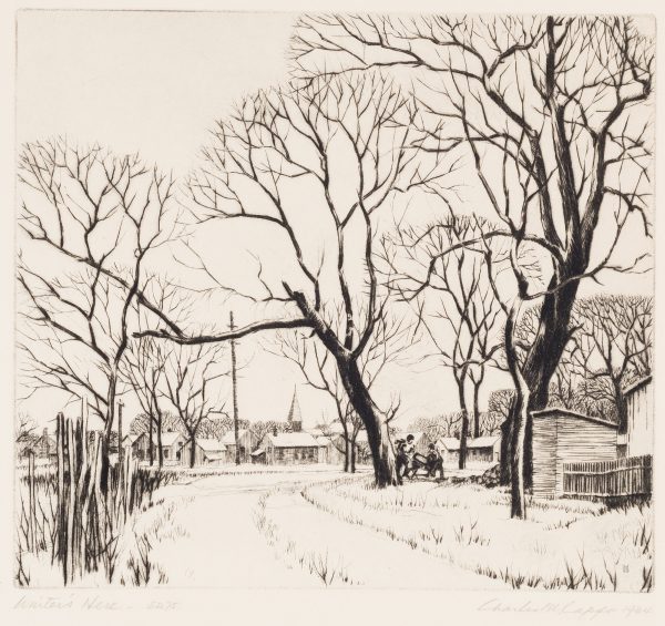 A snowy path is lined with trees on either side ant a city in the distance.