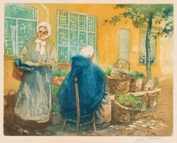 A woman stands facing the viewer and to her left is a woman seated on a chair, wearing a blue cloak. They are selling vegetables in front of a yellow house.