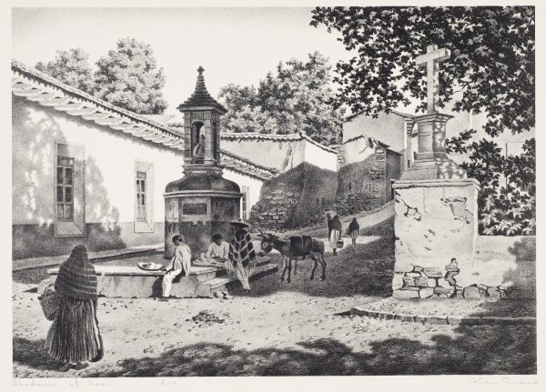 A crossroad with many figures and a donkey. There is an adobe building to the left and two monuments, the one on the right has a cross..
