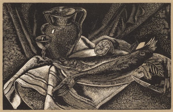 This is an original 2 block (black and brown) wood engraving by Emil Ganso (American (1895-1941) done for the Colophon Book Collectors' Quarterly in 1936.
The print depicts a still life including a fish, pitcher, wine glass, and an orange displayed on a cloth.