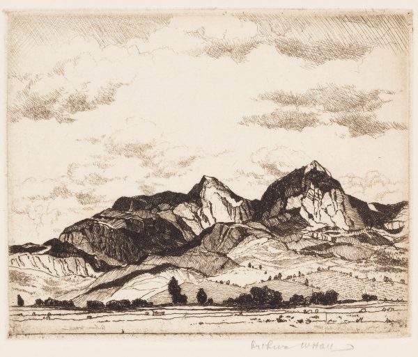 Monterrey Mountains—Mexico, The print depicts a mountainous landscape against a cloudy sky.