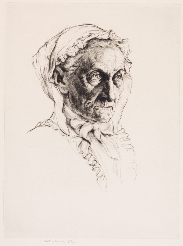 A three-quarter portrait of an elderly woman's face; she wears a bonnet and has a stern gaze.