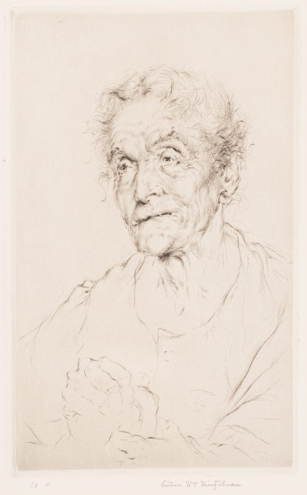A portrait of an elderly woman with her hands clasped in front of her.