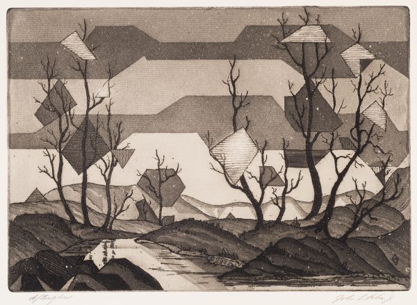 In an abstract, block style, the print depicts trees and a stream running from the foreground to the mountains in the background.