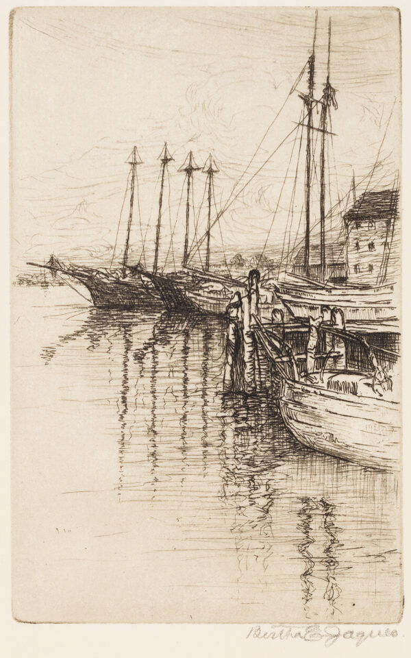 Two tall ships anchored in a harbor, with buildings at the right edge of the scene. The ships are reflected in the water and a work boat is partially seen at the right.
