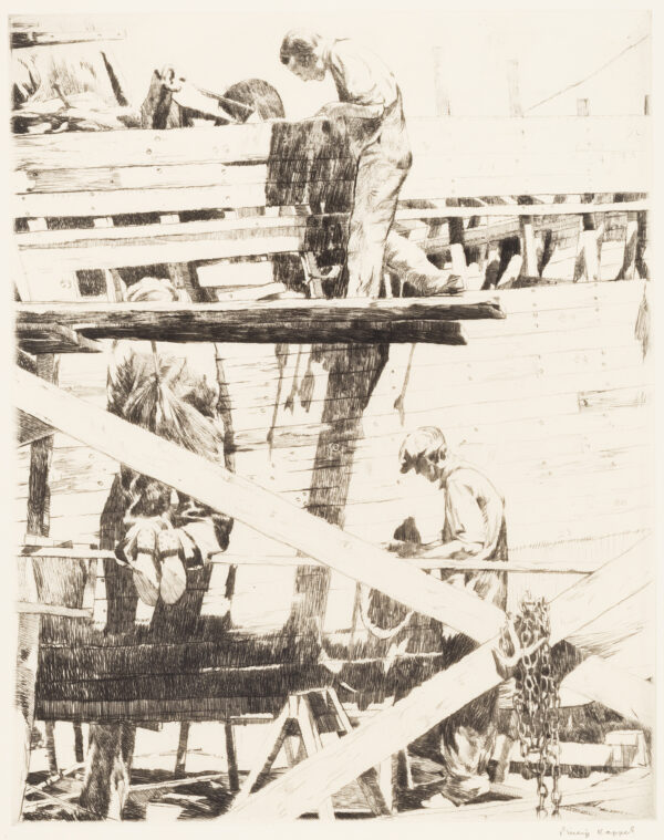 Three men are building a large boat. Two are facing to the left in profile, and the third is kneeling with his back to the viewer.