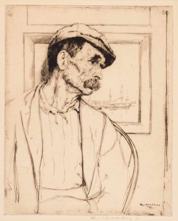 A mustachioed man wearing a beret, looks to the right. A painting behind him frames his head.