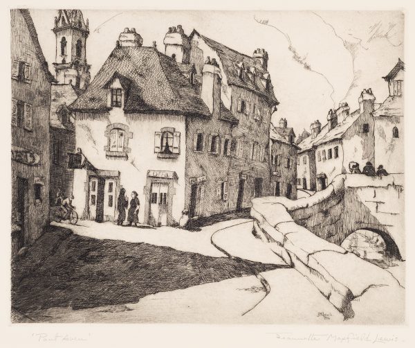 A street scene of a French village. An arched bridge has figures on top. At left, two women visit and a boy on a bicycle are in front of the buildings.