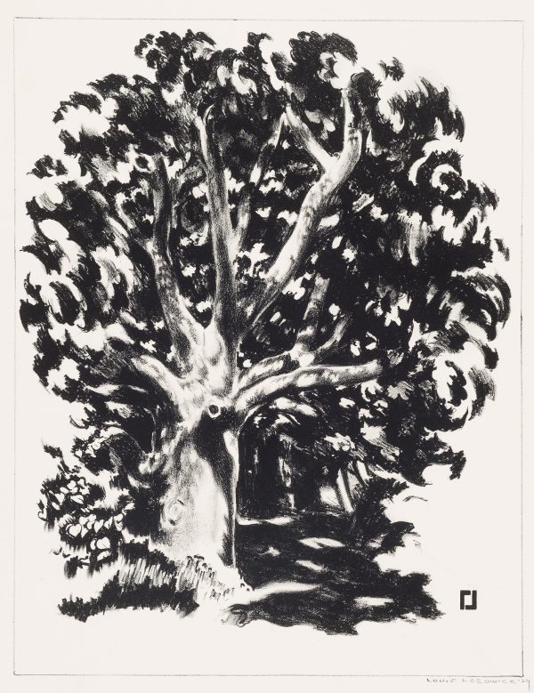The print depicts a great monolithic, fully leafed tree.