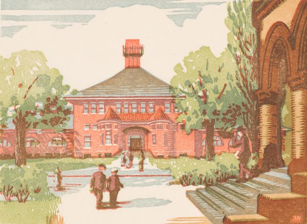 Two figures walk toward a red building. There are steps leading up to an arched arcade at the right.