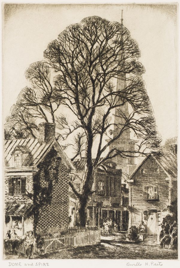 Houses and people in yards with a large tree that coverers a spire in the background.
