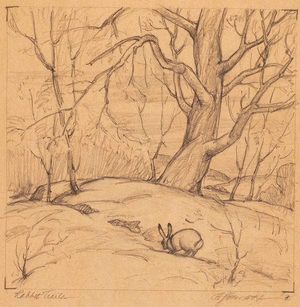 A lone rabbit makes it way across the landscape of tall barren trees.