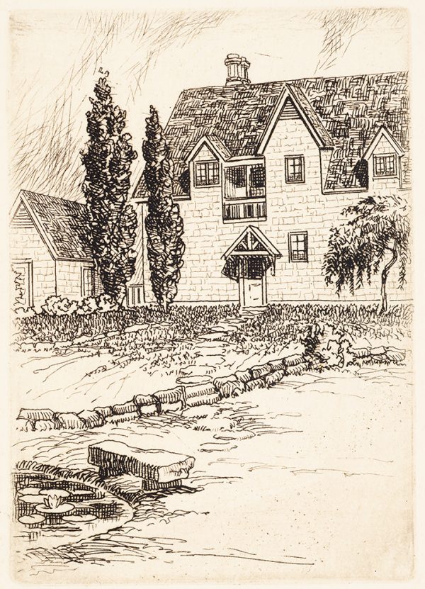 A stone fence leads to a two-story house. At the left are two lombard poplars. The second floor has dormer windows and a chimney