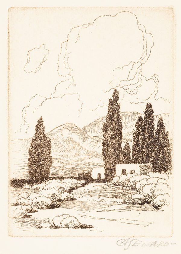An adobe building is surrounded by poplar trees, mountains and a cloudy sky.