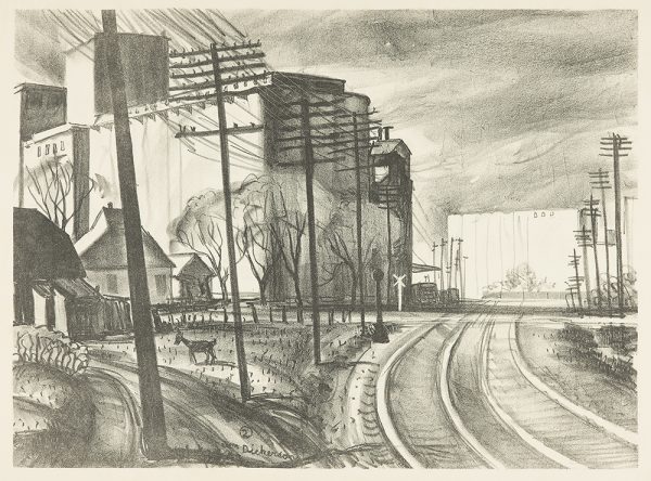 A road runs from bottom center to left and a train track runs from bottom center toward the white grain elevators at center right. On both sides of the track are telephone poles. The elevators on the left have trees and buildings in front with a donkey or goat in the back yard.