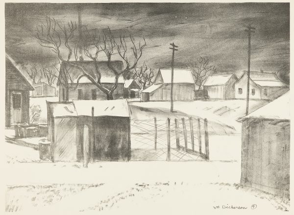 Buildings seen from an alley. Telephone poles run through the center. In the foreground is a fenced off area next to a small shed. A leafless tree is behind the shed.