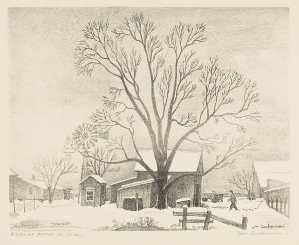 A large tree stands in front of a barn and a windmill. A man walks toward the barn from the right, leaving footprints in the snow.
