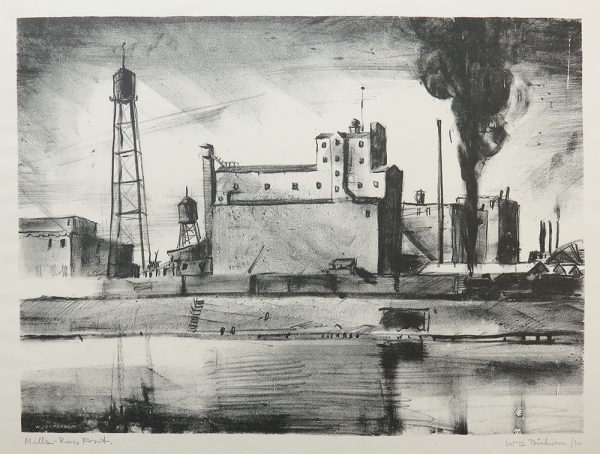 A river is in the foreground with a grain mill at center. To the left are two water towers. To the right is a black smoke plume from a train.